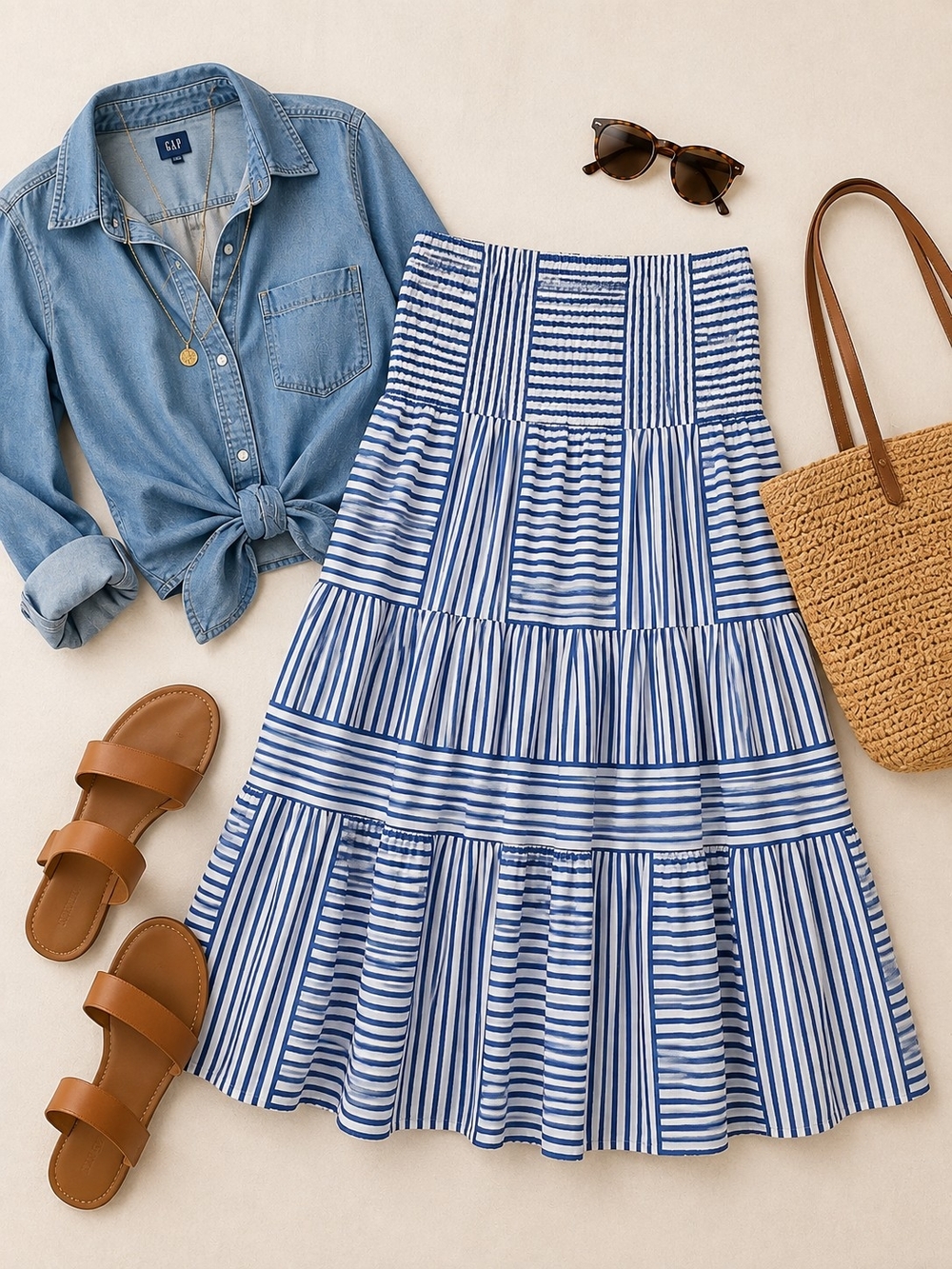Cider Blue and White Striped Tiered Maxi Skirt